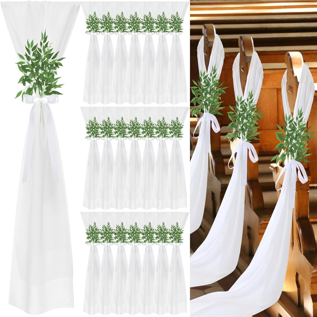 VitalCozy Wedding Aisle Chair Decorations - 12 Sets of White Sashes with Artificial Ruscus & Chiffon for Ceremonies