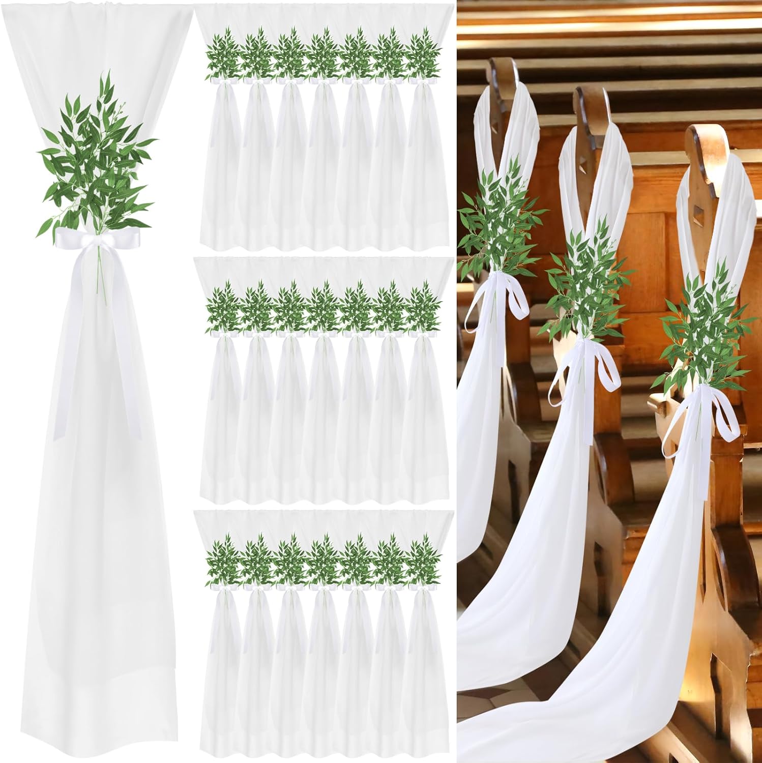 VitalCozy Wedding Aisle Chair Decorations - 12 Sets of White Sashes with Artificial Ruscus & Chiffon for Ceremonies