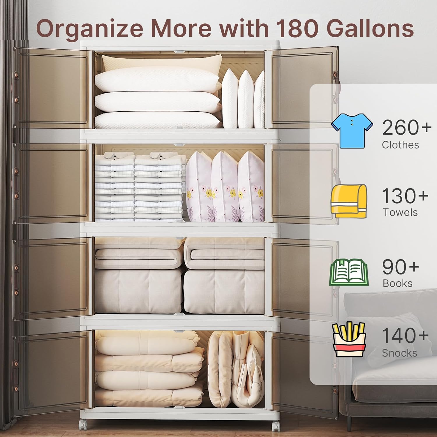 UAMFURI Stackable Storage Bins - Extra Large 720QT Closet Organizers with Lids & Wheels | Collapsible Plastic Drawers for Home & Office