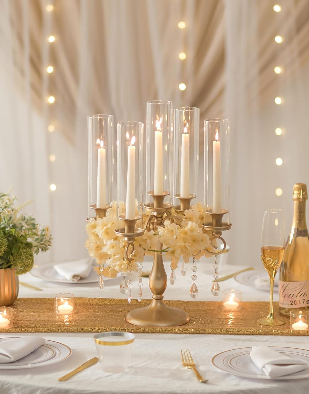 Sziqiqi Gold Candelabra | 5 Arm Vintage Candle Holder for Weddings & Events - Elegant Table Centerpiece