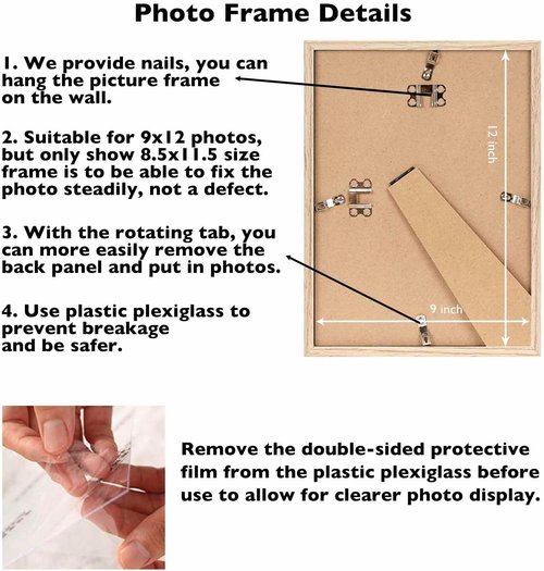 JCJMY 9x12 Picture Frame - Shatter Resistant Plexiglass for Wall Mounting | Natural Finish, Horizontal or Vertical Display