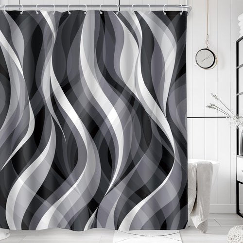 Riyidecor Modern Black White Gray Shower Curtain – Abstract Striped Geometric Design, 72Wx72H, Waterproof Polyester with 12 Hooks for Stylish Bathroom Decor