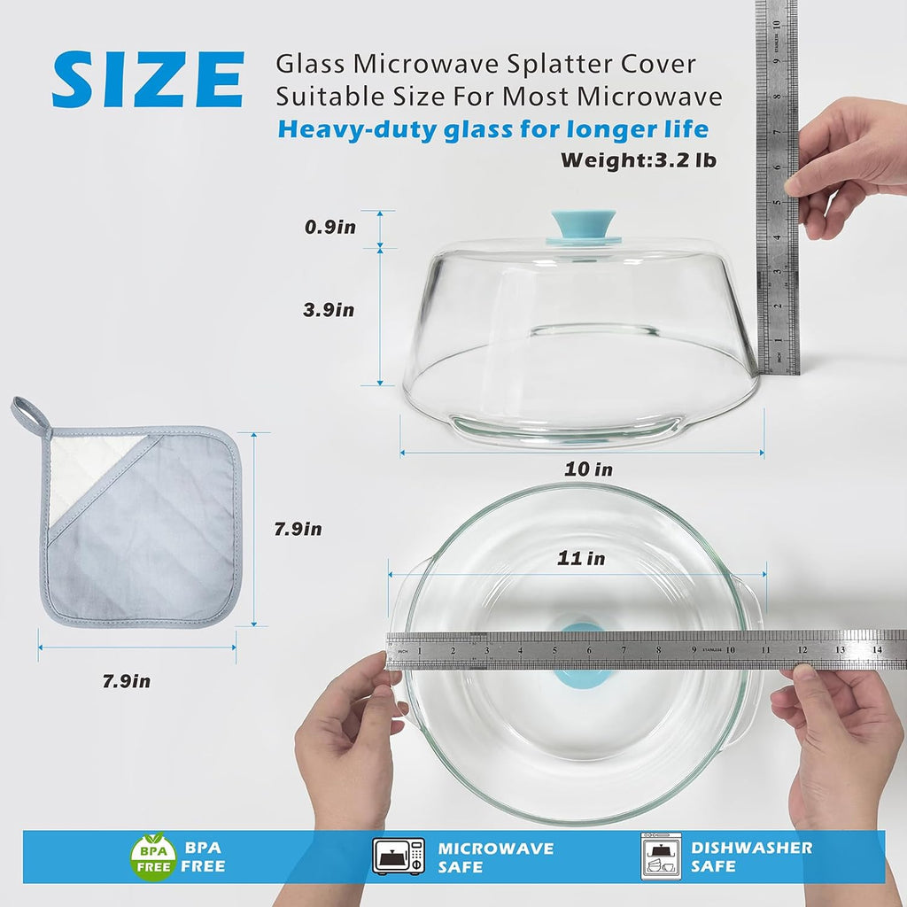 Skiennix Tall Glass Microwave Splatter Cover - 10-Inch Food Safe Lid with Vent Hole & Silicone Knob