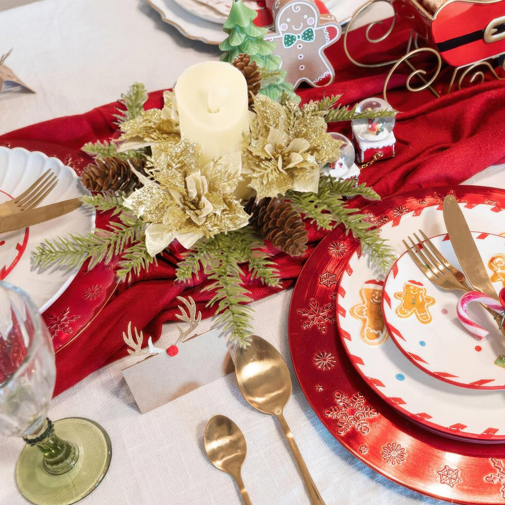 Regine Switzerland Christmas Candle Ring Wreath - Gold Glitter Poinsettia & Pinecone Decoration for Holiday Tables