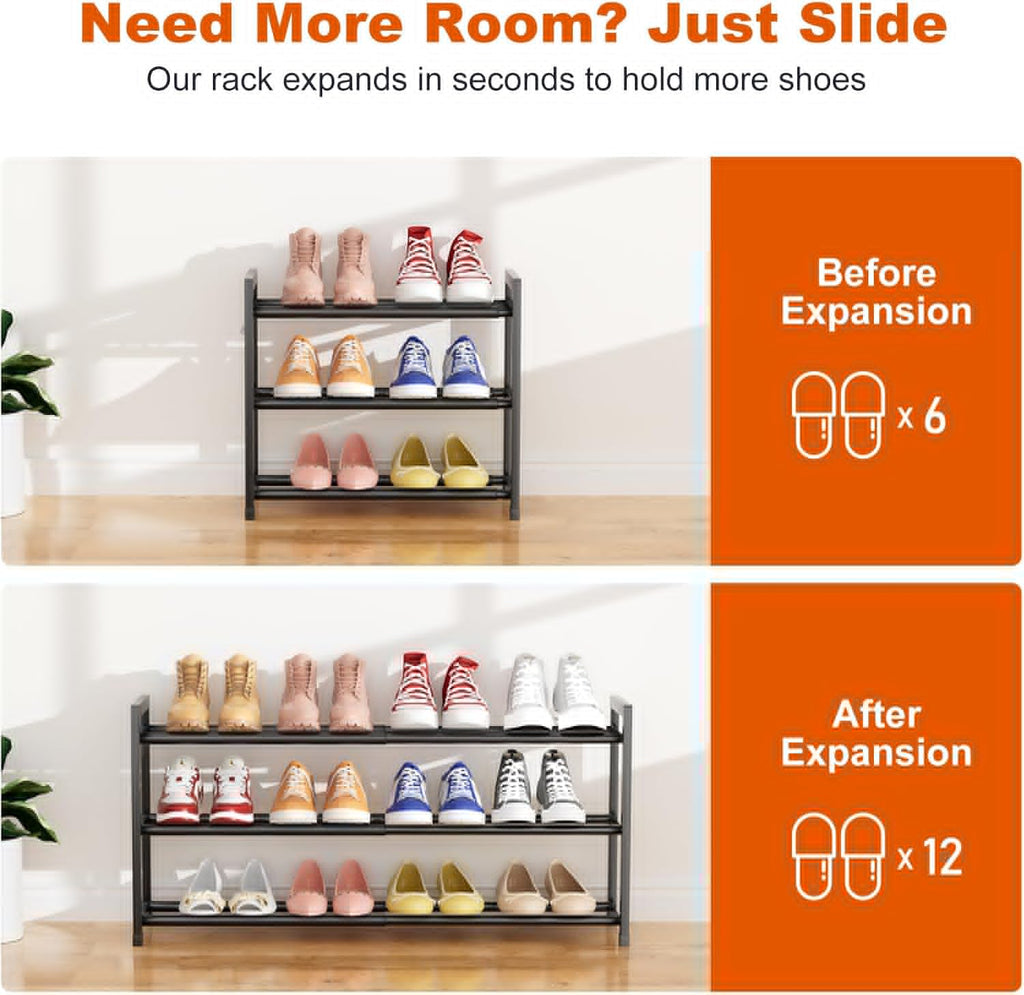 Skiennix Expandable Shoe Rack - Adjustable Metal Organizer for 12 Pairs | 3-Tier Free Standing Design, Black