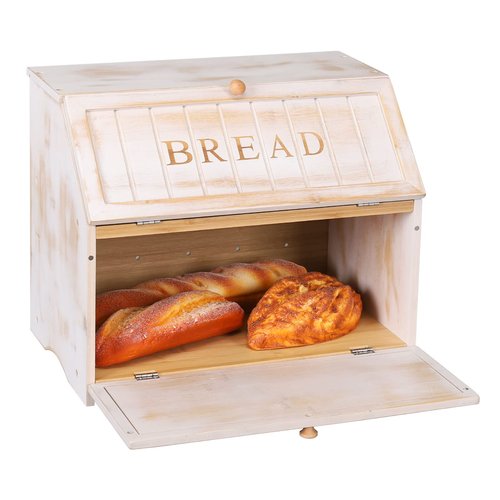 HOMEKOKO Vintage Double Layer Large Bread Box for Kitchen Counter, Retro Design Wooden Large Capacity Bread Storage Bin (White)