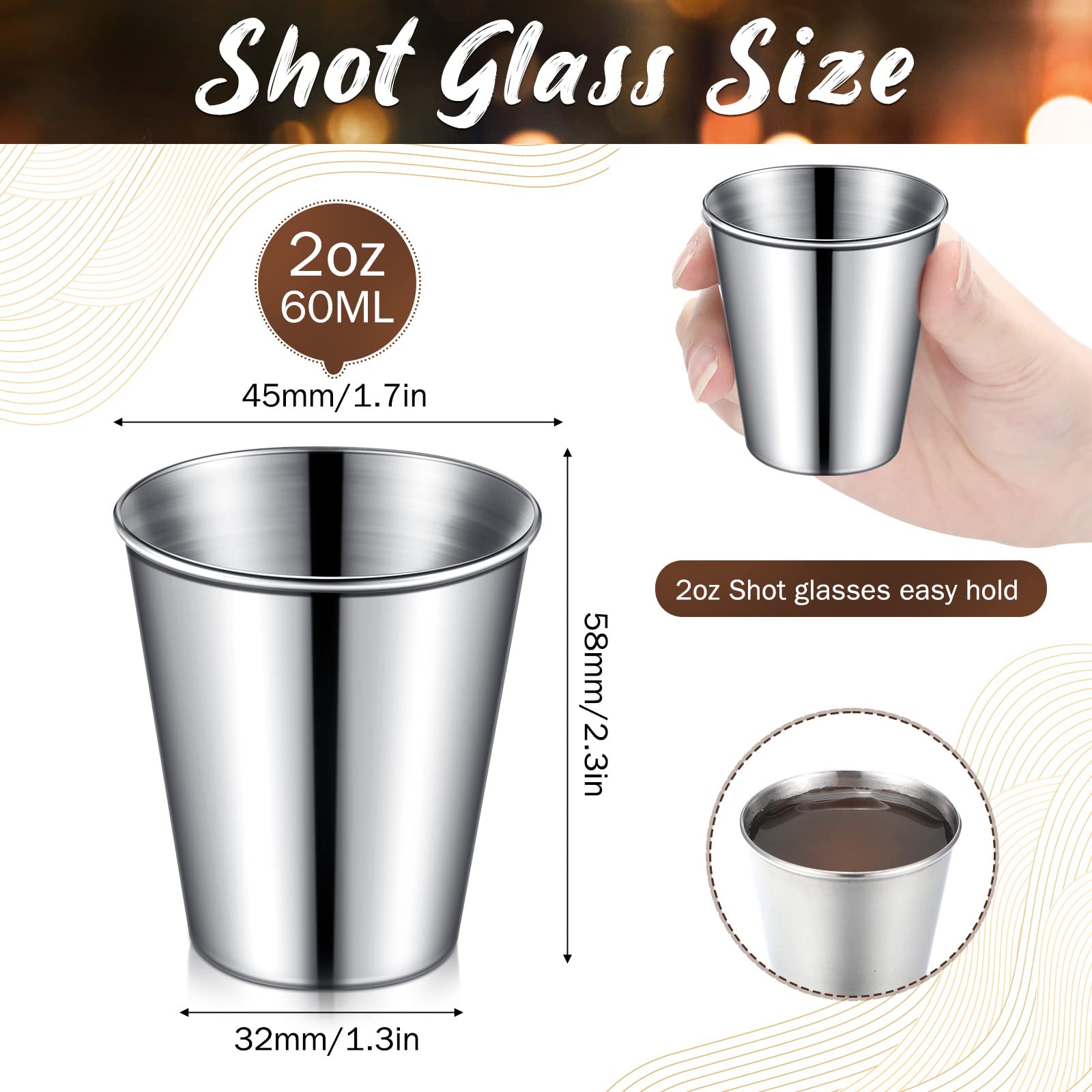 Lallisa 2 oz Stainless Steel Shot Glasses Metal Cups Small Unbreakable Shot Glass for Espresso Whiskey Bar Home Restaurant Camping Barware Gift (Silver,100 Pcs)