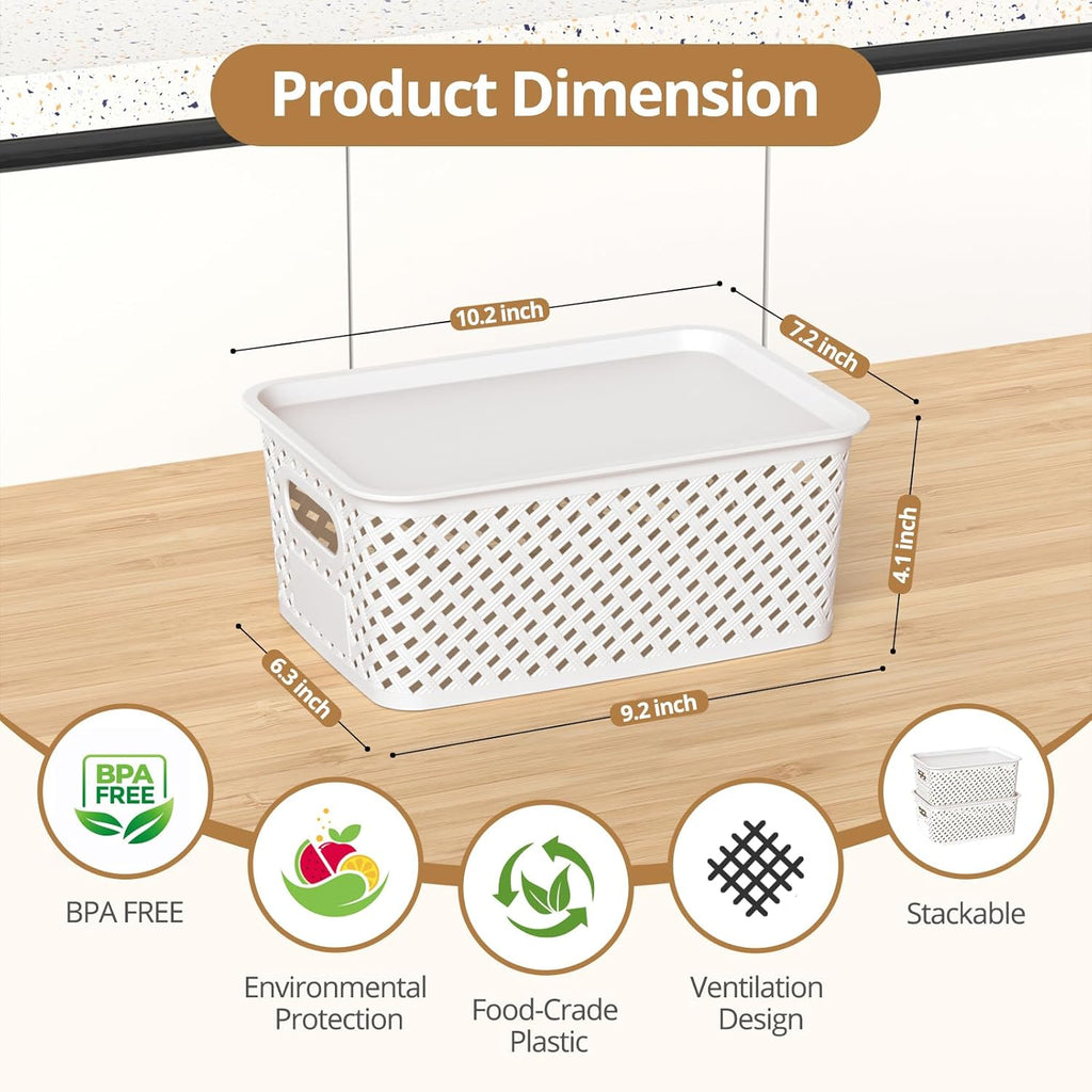 Plastic Storage Bins - Stackable Organizing Baskets with Lids | 8-Pack, 10.2x7.2x4.1 Inches, White
