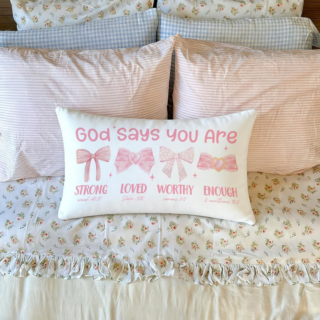 Pink Bow Coquette Throw Pillow Cover - 12x20 Inspirational Decor for Girls' Rooms & Dorms
