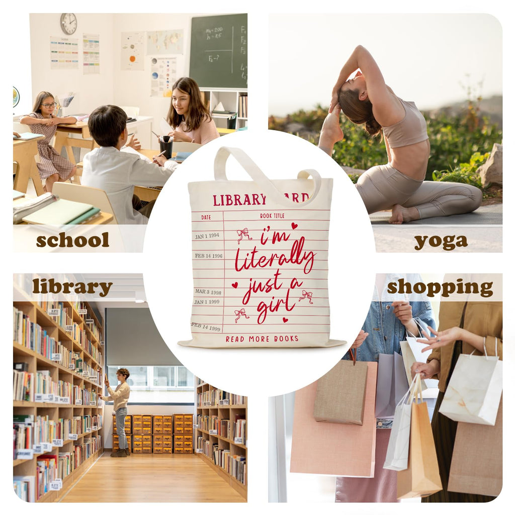 Puuonnnnno Library Card Canvas Tote Bag Gifts for Book Lovers - Christmas Gifts for Book Lovers, Librarian, Bookish, Readers - I’m Literally Just a Girl