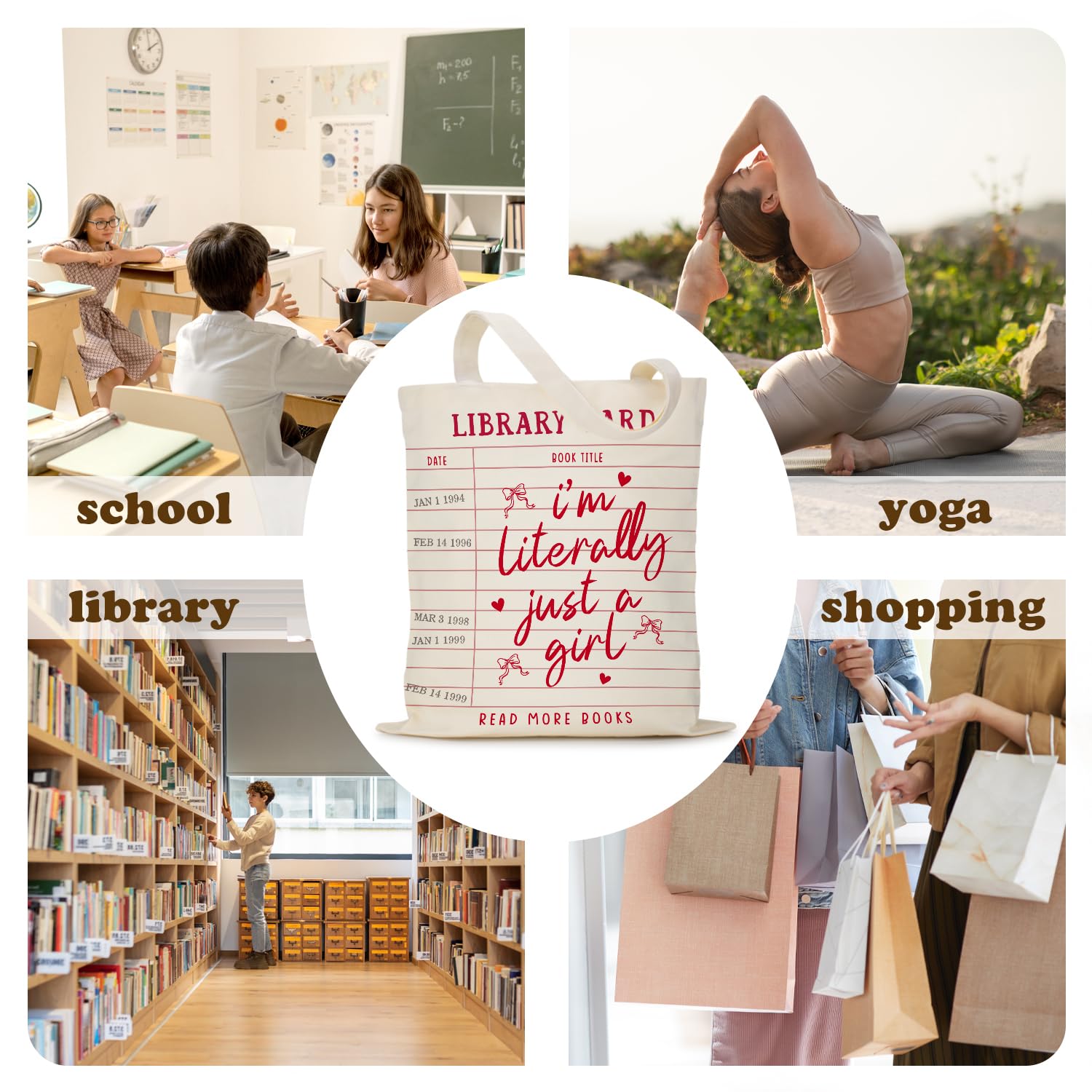 Puuonnnnno Library Card Canvas Tote Bag Gifts for Book Lovers - Christmas Gifts for Book Lovers, Librarian, Bookish, Readers - I’m Literally Just a Girl