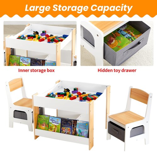 Asweets Kids Table and Chair Set,4 in 1 Toddler Desk with Storage Drawer,Wooden Activity Table for 2 in 1 Detachable Tabletop,Bookshelf,Suitable for Classroom,Home,Nursery,Playroom (Natural White)