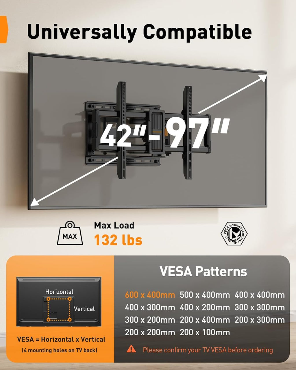 Perlegear Full Motion TV Wall Mount - Fits 42–97 Inch Flat & Curved TVs Up to 132 lbs | Tool-Free Tilt & Swivel