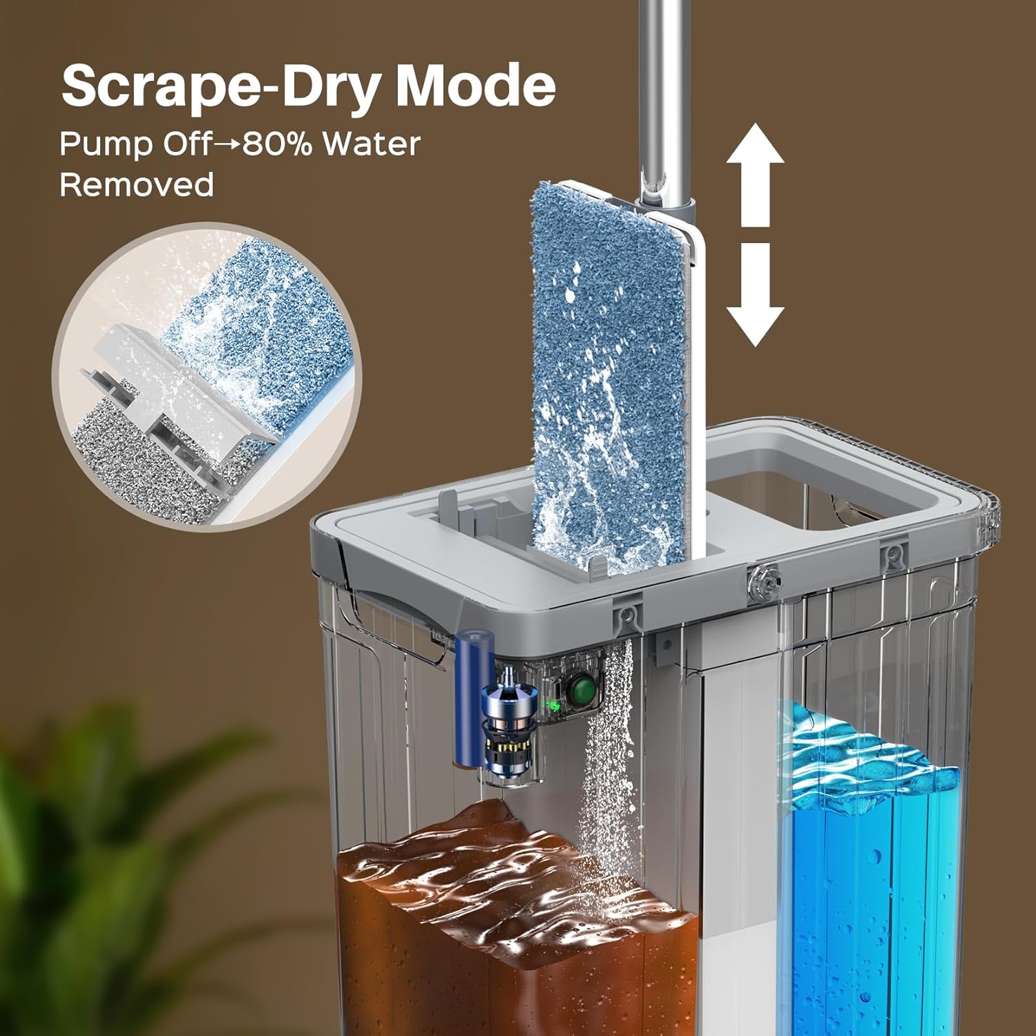 Skiennix Mop and Bucket Set - Auto Pump with 3-Zone Water Separation | Flat Mop System with Wheels & 4 Reusable Pads