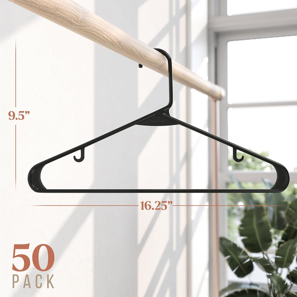 Plastic Hangers 50 Pack - Black Clothes Hangers for Space-Saving Closet Organization | Perfect for Coats & Apparel
