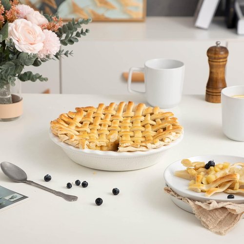 Fun Elements 9-Inch Ceramic Pie Pan - Deep Dish with Lace Emboss & Ruffled Edge | Perfect for Baking Gifts