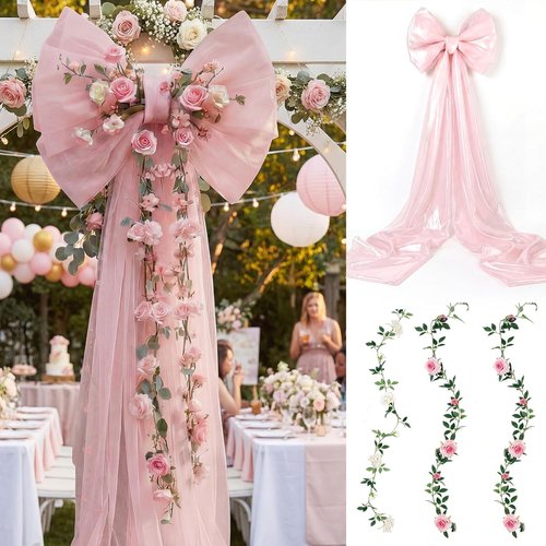 BreezeHug Giant Wedding Bow Decor - Elegant Pink Bow with Long Ribbons for Bridal Shower & Party | 32 x 20 x 67 Inches