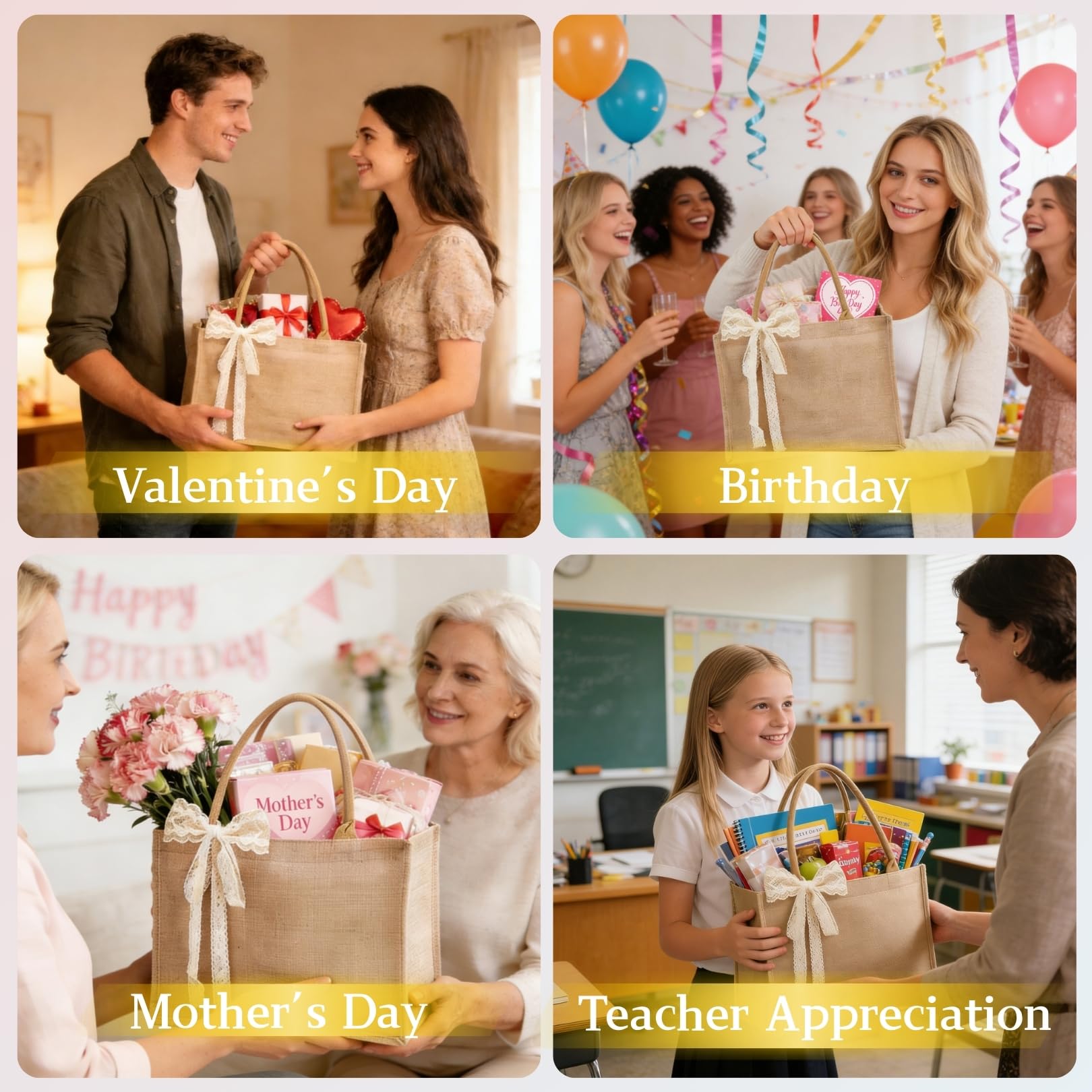 Karinoos 6pcs Burlap Tote Bag Set with Handles, Waterproof Reusable Blank Grocery Bags with Ribbon Large Jute Tote 15.35 * 6 * 12 Inch for Women Bridesmaid Gift Beach Pool Shopping Wedding Travel DIY