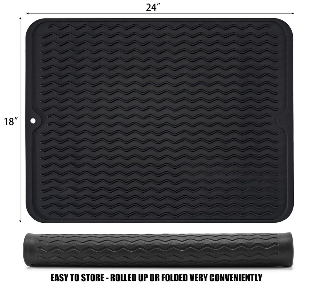 Large 24" x 18" Silicone Dish Drying Mat for Kitchen Counter, Easy clean, Quick Dry, Heat-resistant Dish Drainer Mat for Sink,Refrigerator or Drawer liner (Food Grade Silicone-Black)