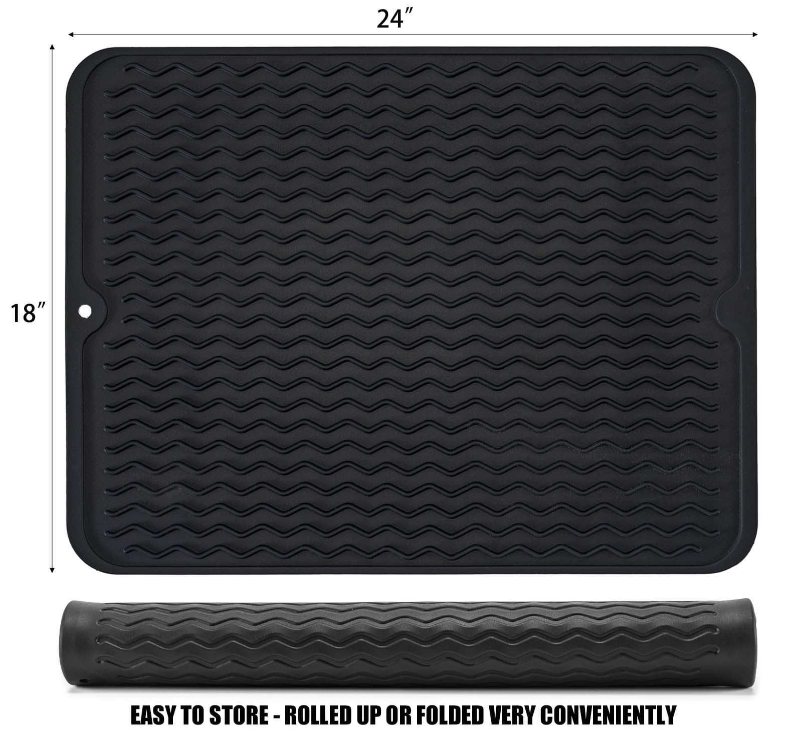 Large 24" x 18" Silicone Dish Drying Mat for Kitchen Counter, Easy clean, Quick Dry, Heat-resistant Dish Drainer Mat for Sink,Refrigerator or Drawer liner (Food Grade Silicone-Black)