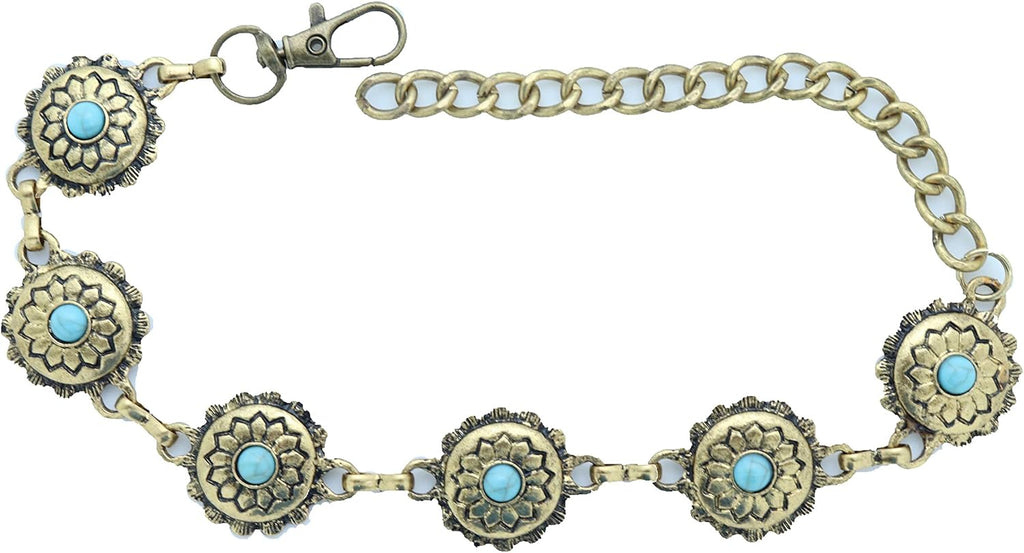 Skiennix Women's Western Antique Metal Boot Chain Anklet - Turquoise Blue Bead Flower Charm