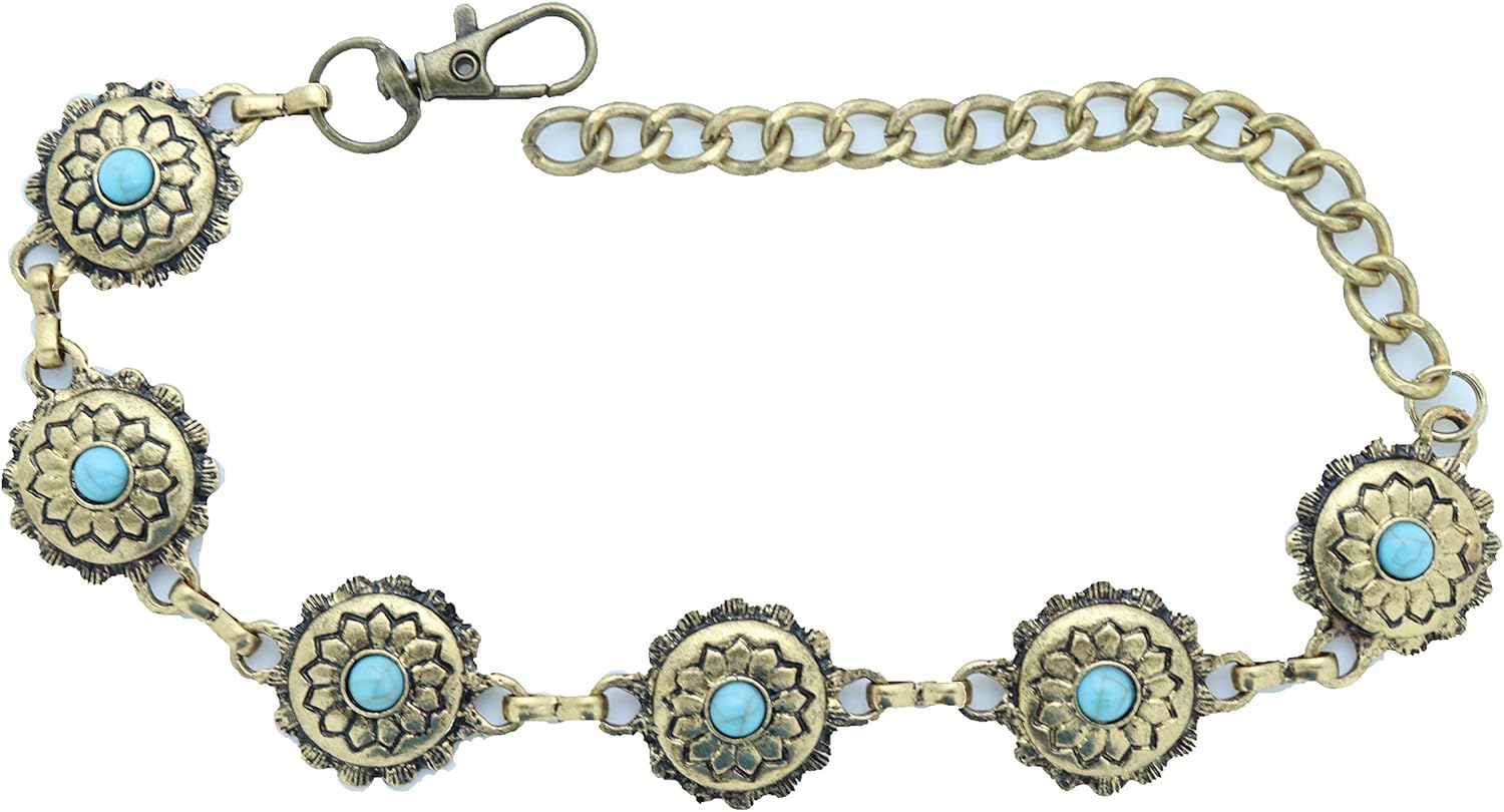 Skiennix Women's Western Antique Metal Boot Chain Anklet - Turquoise Blue Bead Flower Charm