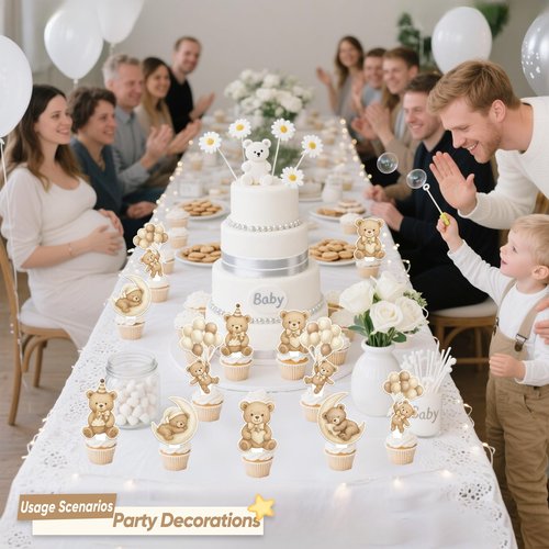 JoviyoFy 36 Pcs Bear Cupcake Toppers, Brown Bear Baby Shower Decorations, We Can Bearly Wait Cake Topper for Gender Reveal Party Supplies