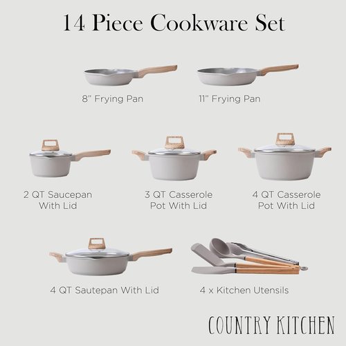Country Kitchen Nonstick Pots and Pans Set - 14-Piece Cast Aluminum Cookware in Grey with Utensils