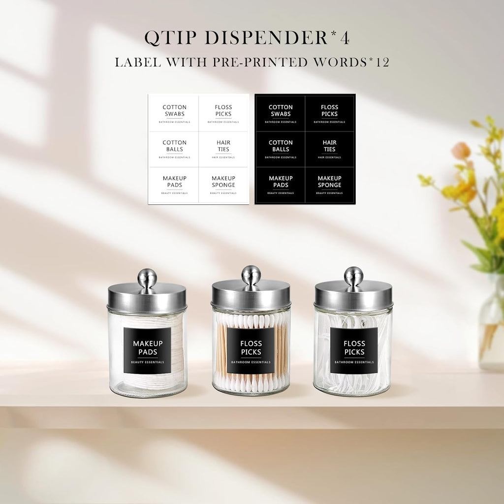 SheeChung Glass Qtip Holder Dispenser - Rust-Proof Stainless Steel Apothecary Jars | Sleek Bathroom Organizer for Cotton Swabs (Brushed Nickel) - 4-Pack