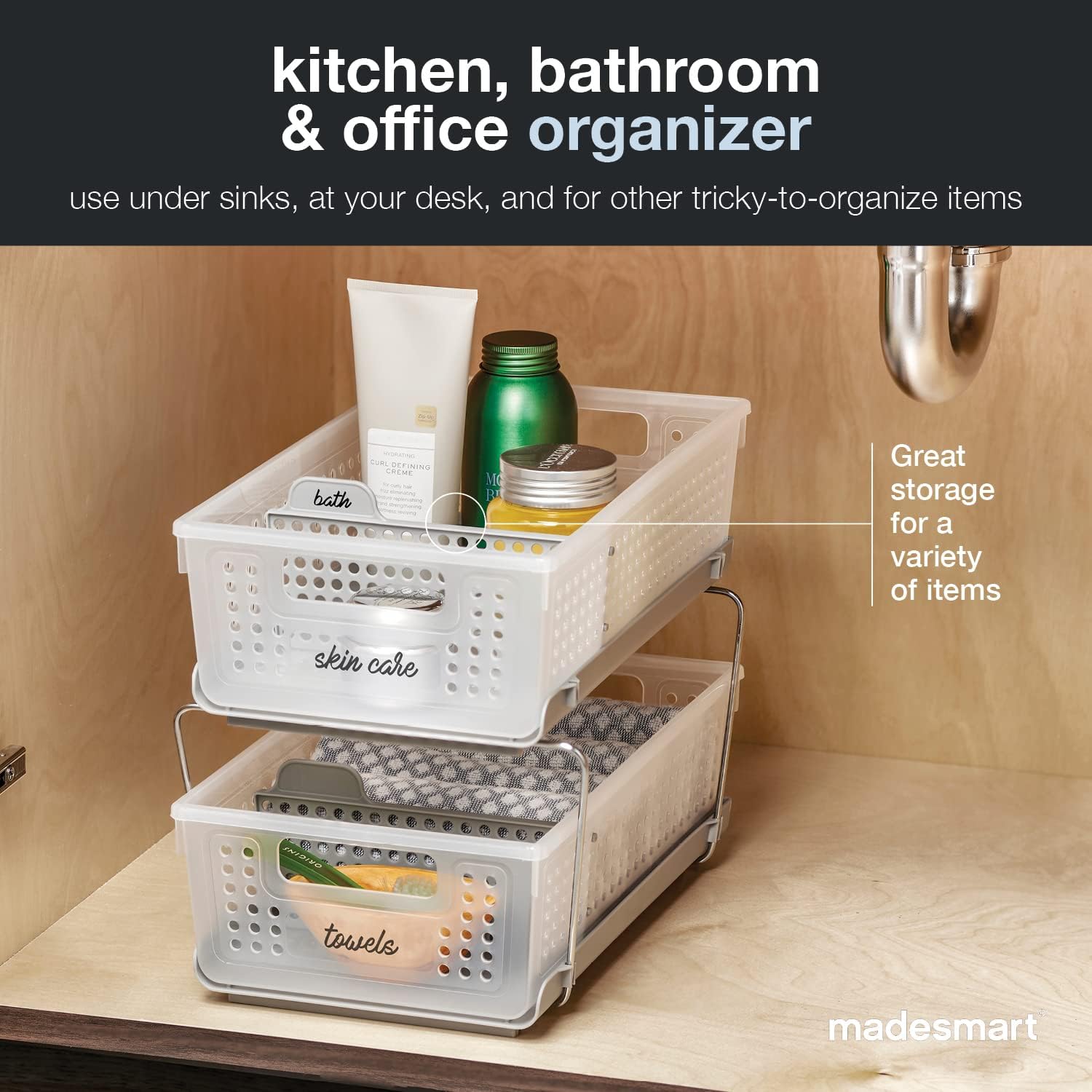 Madesmart 2-Tier Bath Organizer - Adjustable Undersink Storage with Sliding Drawers & Baskets | Frost Finish