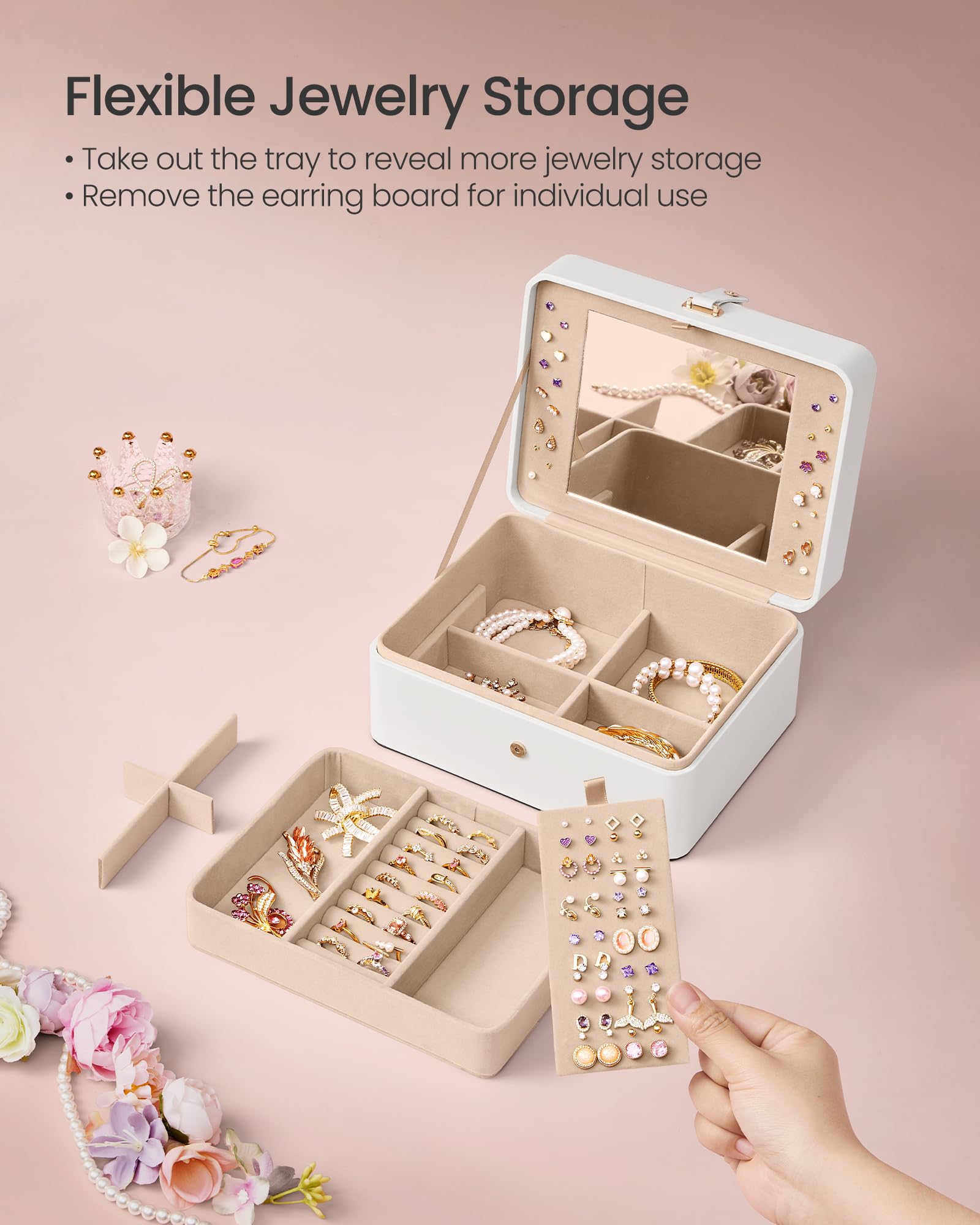SONGMICS Jewelry Box Organizer with Mirror, 2-Layer Jewelry Holder Case, Removable Tray, 6.9 x 8.7 x 4.3 Inches, Earring Necklace Storage, Gift Idea, Cloud White UJBC200W01
