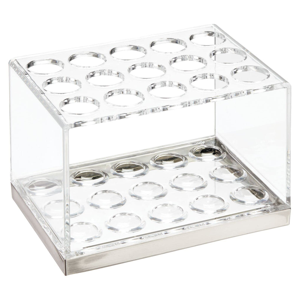 mDesign Plastic Makeup Brush Storage Organizer with 15 Slots for Bathroom Countertop, Vanity to Hold Eye/Lip Pencils, Lip Gloss, Liners, Lipstick - Clear/Brushed