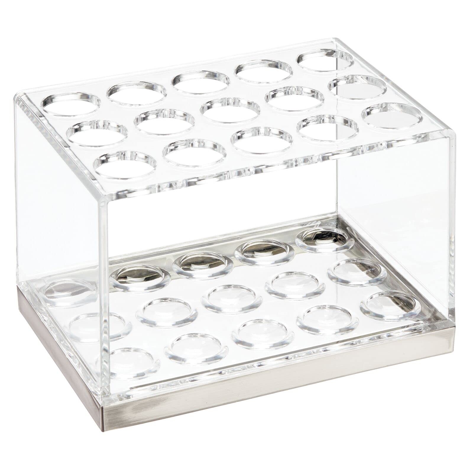 mDesign Plastic Makeup Brush Storage Organizer with 15 Slots for Bathroom Countertop, Vanity to Hold Eye/Lip Pencils, Lip Gloss, Liners, Lipstick - Clear/Brushed