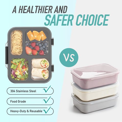 Eoika Stainless Steel Bento Box for Kids with Silicone Container, 4 Compartment Metal Lunch Box Kids Adults, Removable Silicone Seal & Clear Lid, Leak Proof Food Storage Container for MealBlack