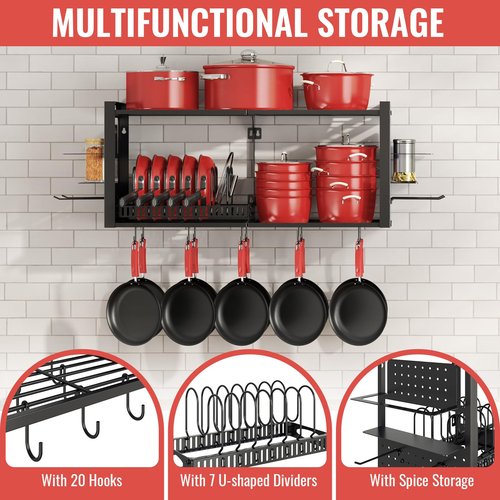 31 Inch Pot Rack Wall Mounted，3 in 1 Pots and Pans Organizer with 2 tier Kitchen Racks & Pot Lid Organizer Holder and 20 Hooks,Heavy Duty Hanging Pot Hanger for Kitchen Cookware, Utensils, Black