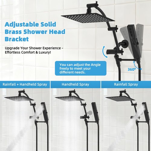 Hibbent All Metal CUPC Certified 8'' Rainfall Shower Head, Dual Shower Head Combo, High Pressure Handheld 4 Sprays Shower Wand, 16'' Adjustable Extension Arm, 71'' Hose, Shower Holder, Matte Black
