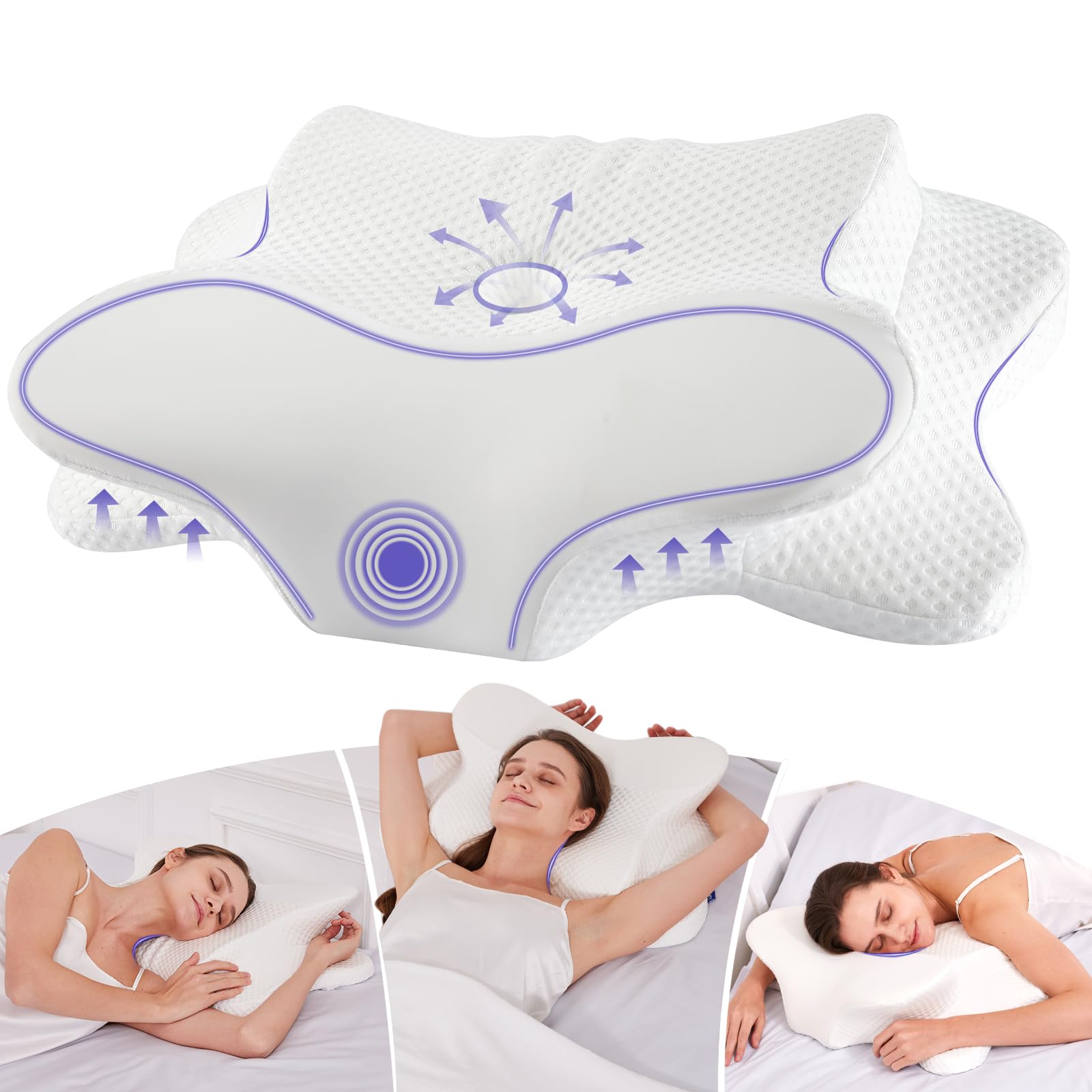 Deason Cervical Neck Pillow for Sleeping, Ergonomic Memory Foam Pillow for Neck Pain Relief, Adjustable Height Bed Pillow for Side & Back Sleepers, Ice Silk Breathable Cover, White