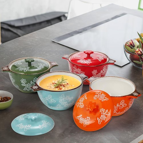 AVLA Ceramic Soup Bowls - 22 OZ French Onion Crocks with Lid & Double Handles | Mini Casserole Set