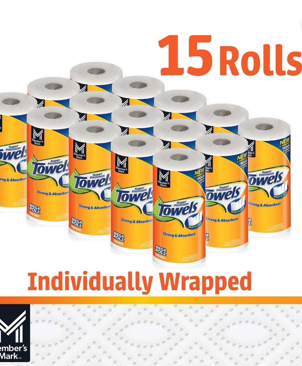 Member's Mark Super Premium Paper Towels - 15 Rolls, 150 Sheets Each | Ultra Absorbent & Durable