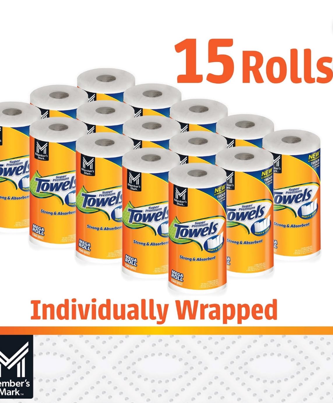 Member's Mark Super Premium Paper Towels - 15 Rolls, 150 Sheets Each | Ultra Absorbent & Durable