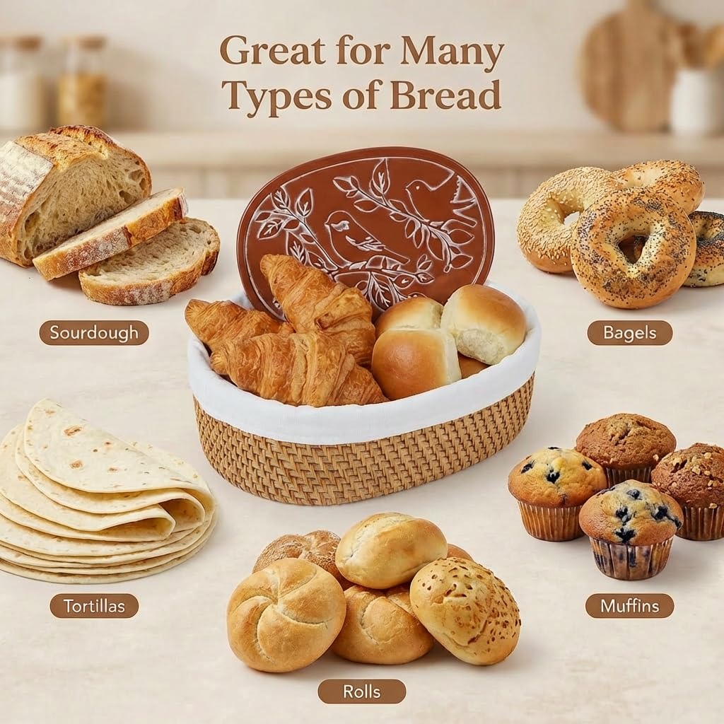 YANGQIHOME Bread Warmer Basket with Terracotta Warming Stone - Large Bread Basket for Sourdough, Tortillas, Rolls - Keeps Bread Warm 60+ Minutes - Includes Lid, Tongs & Liner