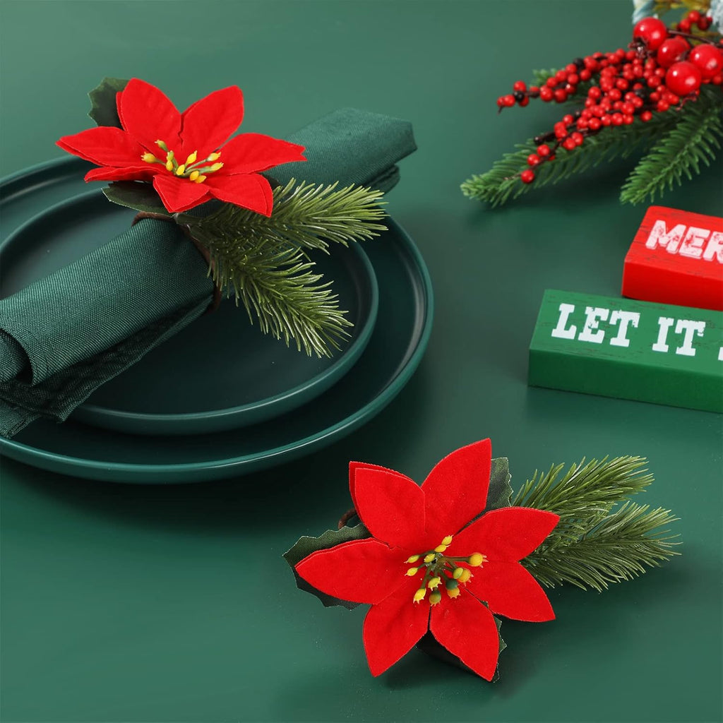 Skiennix Christmas Napkin Rings - 6-Piece Rustic Pine Cone & Poinsettia Set for Holiday Decor