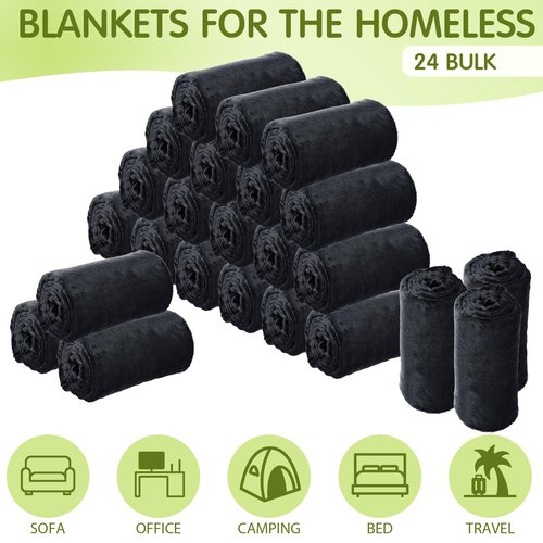 Toulite 24 Pcs Bulk Flannel Fleece Blankets for Homeless Donations Cozy Fleece Throw Blankets Winter Throw Blanket Bulk for Donations Bed Couch Sofa Home Camping Wedding Gifts(Black,50x60 Inch)