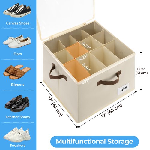 Cupic Cupid 2 Pack Shoe Organizer for Closet, Fits up to 12 Pairs, Shoe Cubby Storage Containers with Clear Cover, Oatmeal