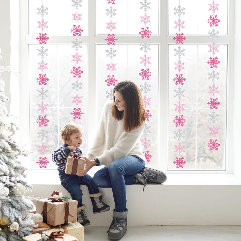 54Pcs Snowflake Garland Decorations Pink Silver Glitter Snowflake Banner for Christmas Winter Wonderland Party Decoration
