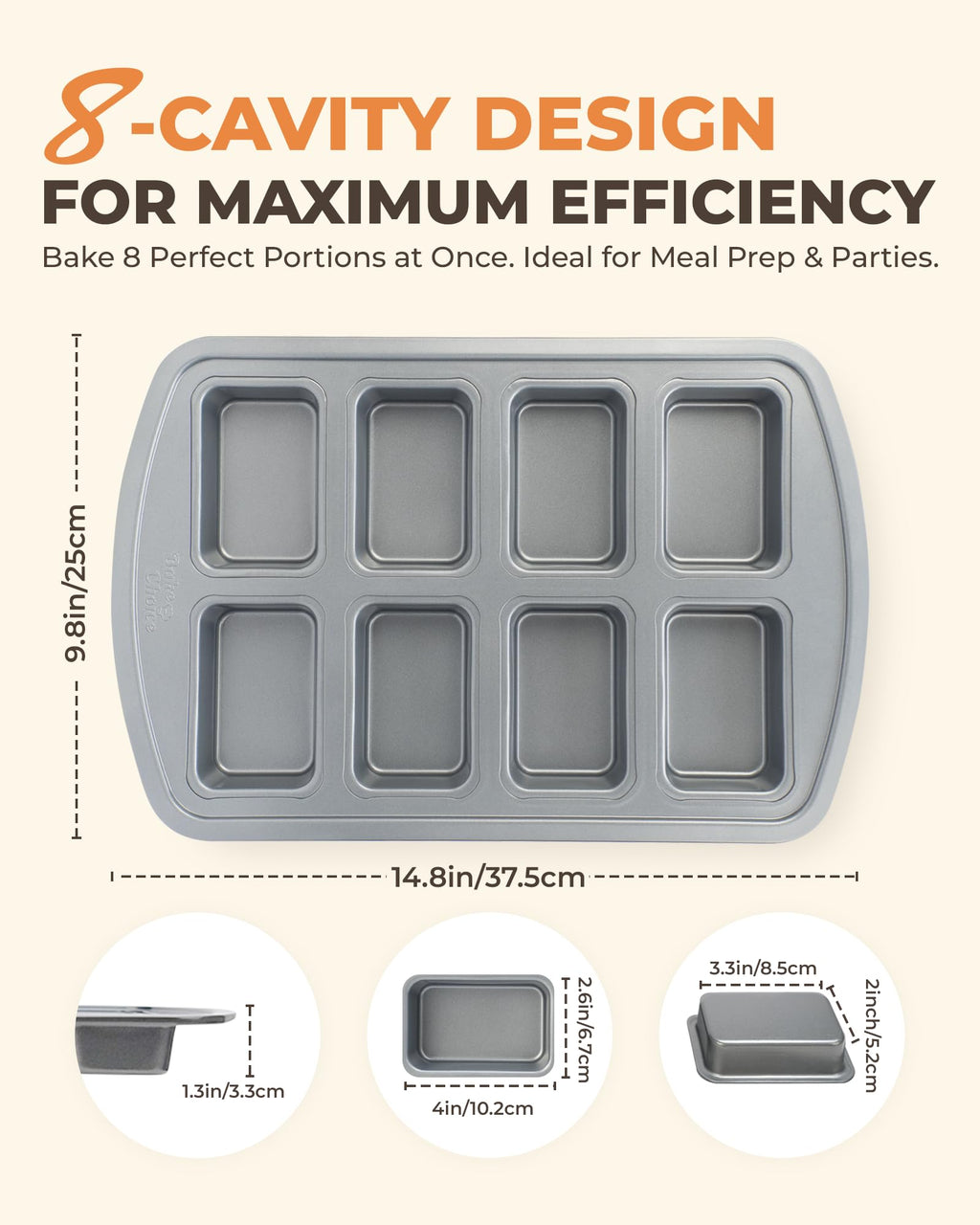 Bake Choice Mini Loaf Pan, 8-Cavity Non-Stick Carbon Steel Baking Pans Set for Banana Bread, Cornbread, Cheesecake, Muffins, Pound Cake, Small Meatloaf, Bread Pan