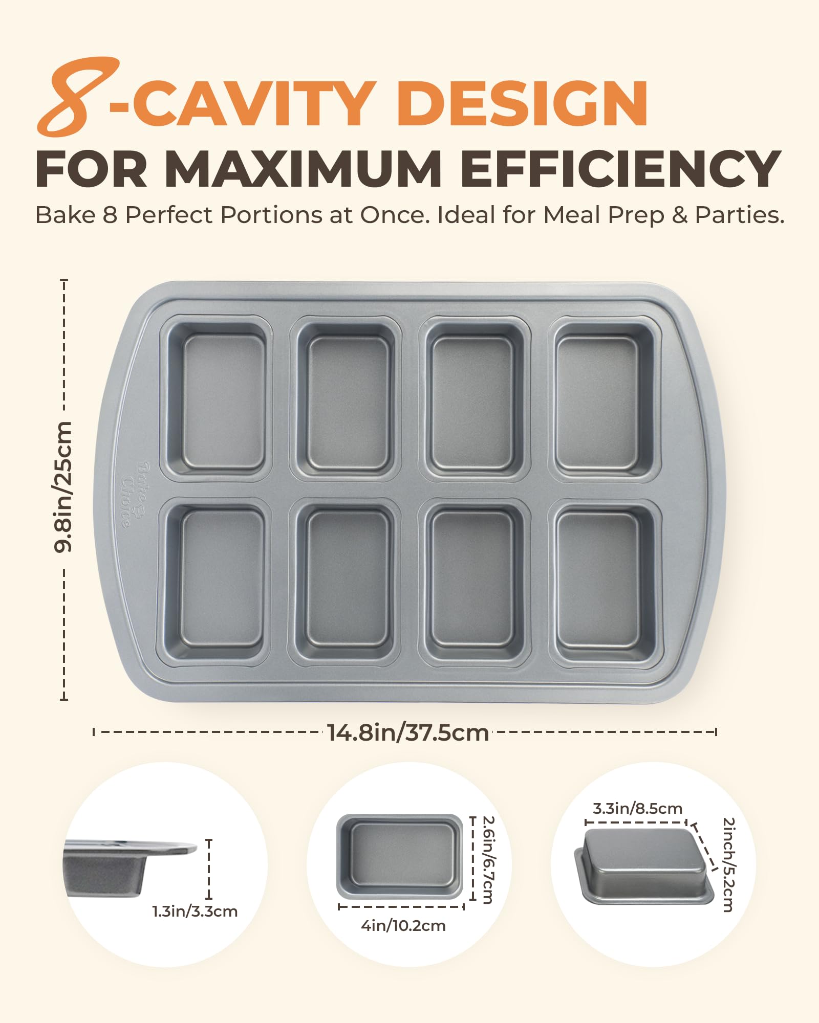 Bake Choice Mini Loaf Pan, 8-Cavity Non-Stick Carbon Steel Baking Pans Set for Banana Bread, Cornbread, Cheesecake, Muffins, Pound Cake, Small Meatloaf, Bread Pan