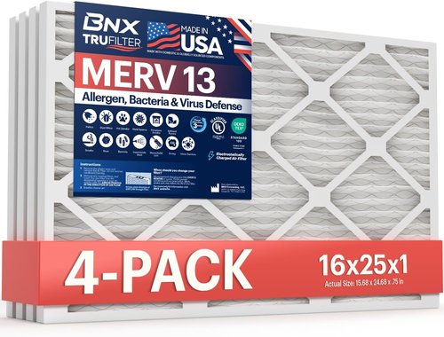 BNX TruFilter 16x25x1 MERV 13 Air Filters (4-Pack) - Electrostatic Pleated for Allergies & Smoke