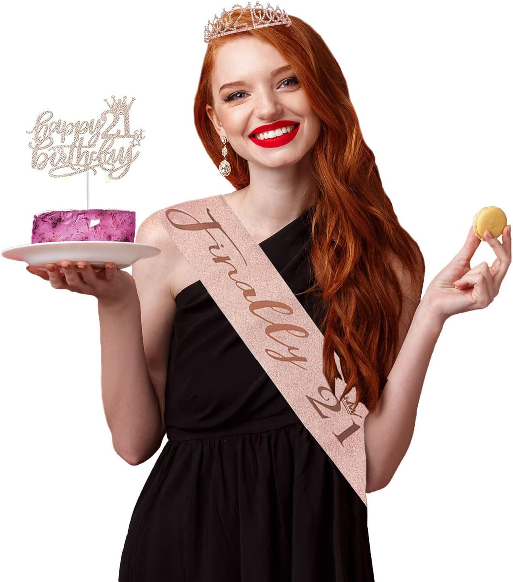 Trgowaul 21st Birthday Decorations - Rose Gold Banner, Sash, Crown & Cake Topper | Pink Balloons Set
