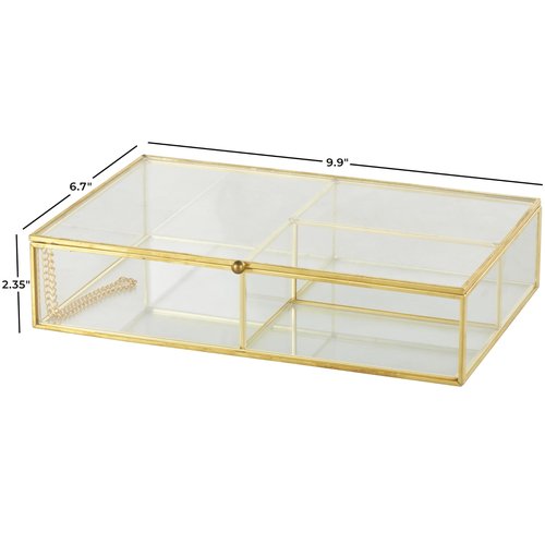 Deco 79 Glass Decorative Jewelry Box 3 Slot Jewelry Organizer with Gold Metal Frame and Chain Accent, Jewelry Holder 10" x 7" x 2", Clear
